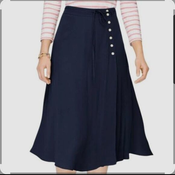 Talbots Dresses & Skirts - NWT Talbots  Navy Blue Faux Midi Wrap Skirt Buttons Nautical Coastal  10 PETITE